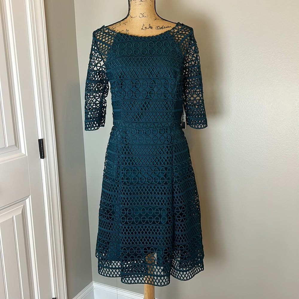 Kay Unger Teal Crochet Fit-and-Flare Midi Dress